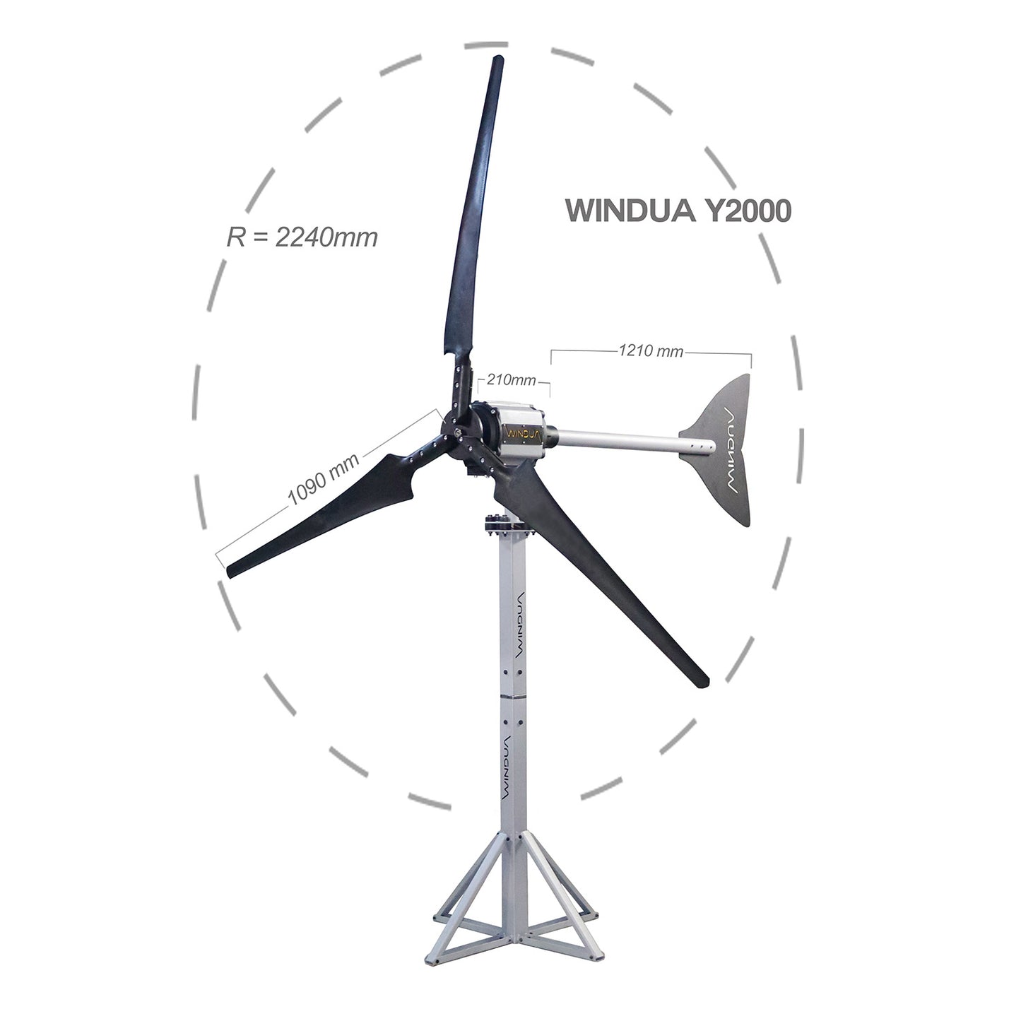 Windua Y2000 (2 KW) Aerogenerador de Eje Horizontal + Mástil de Montaje